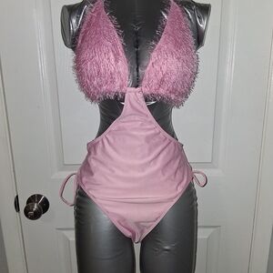 Pink Fuzzy Halter Swimsuit